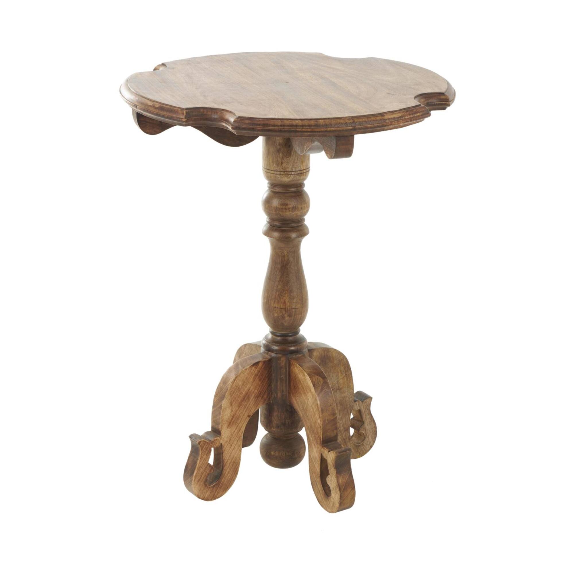 Brown Mango Wood Turned Accent Table with Scrolled Legs and Cutout Tabletop